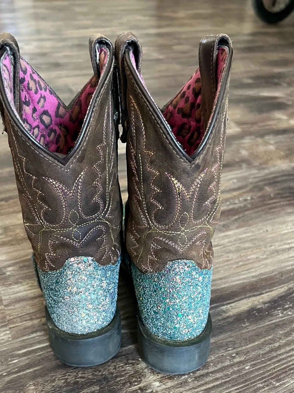 Girls Teal Glitter & Brown Western Boots - Stylish Pull-On
